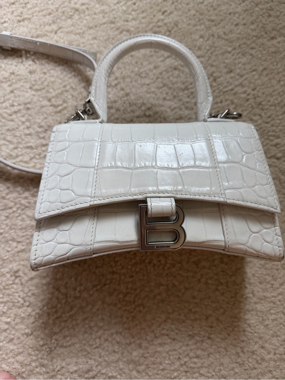 Balenciaga Croc-Embossed White Hourglass Top Handle Mini Bag